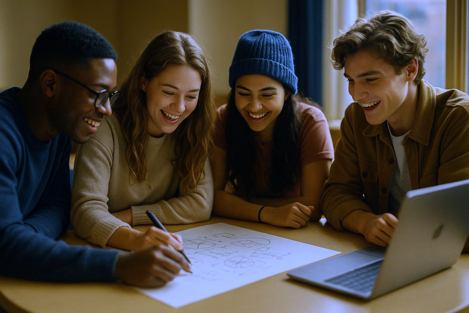 Four people leaning over a hand-drawn plan on a table, working it out together.