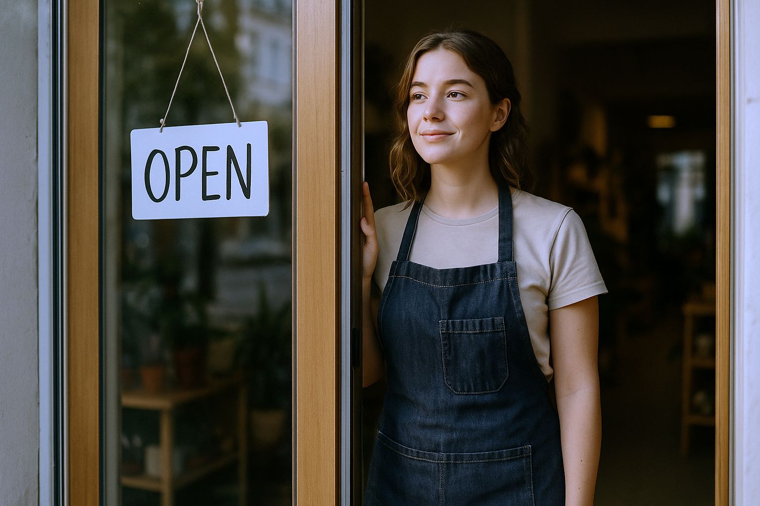 A shop owner standing in her open doorway on the morning she opens, an OPEN sign hanging in the glass.